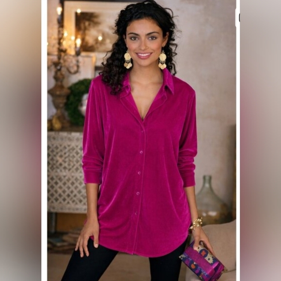 Soft Surroundings Fuchsia Velvet Button-Down Boyfriend Shirt New With Tags! - Picture 3 of 7